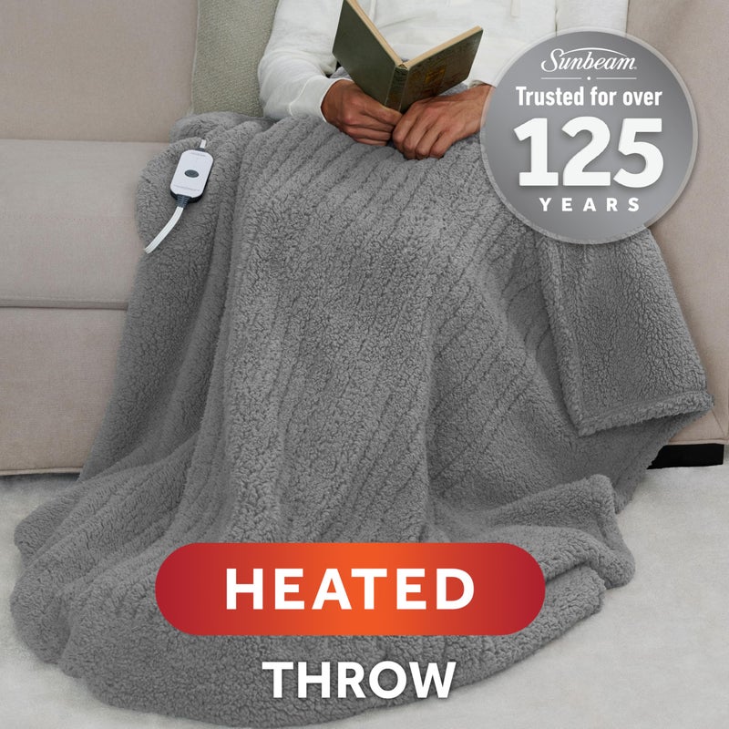 Sunbeam Royal Sherpa Foot Pocket Heated Throw Electric Blanket, 50" x 60", 4 Heat Settings, 4-Hour Auto Shut-Off, Warming Throw for Couch or Bed, Fast Heating, Machine Washable, Grey - Image 2